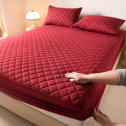 恒尚居 2025新款防水床笠床罩夹棉床垫保护罩床套小方格系列【跨境专供】 酒红