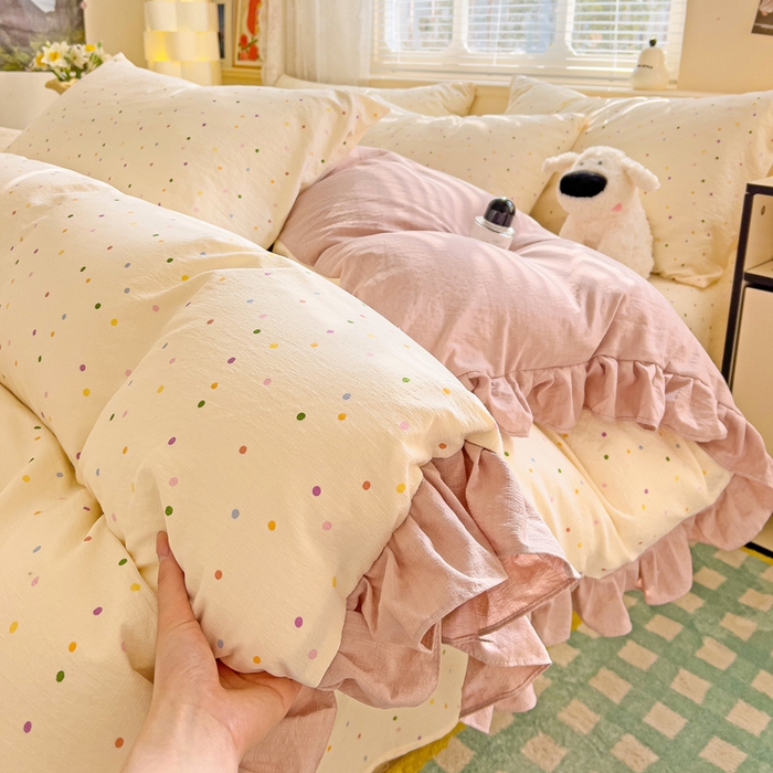 91家纺网 家纺一手货源 找家纺 纽缦家纺 2025新款云感提花双层纱韩版四件套 波点世界