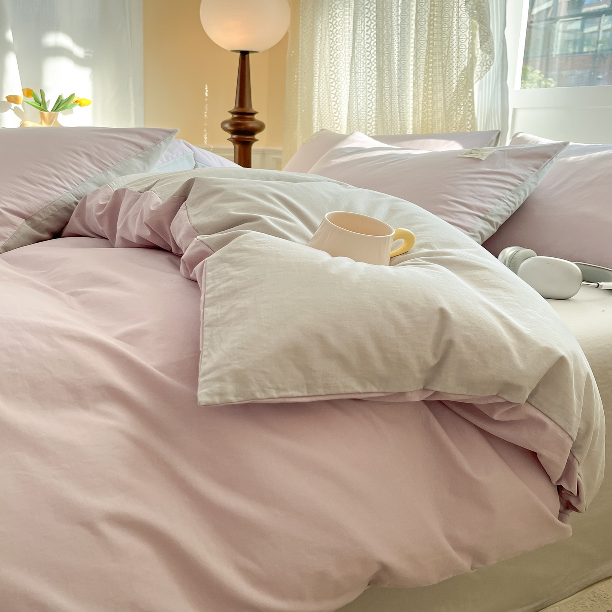 91家纺网 家纺一手货源 找家纺 寐居家纺 2025新款色织水洗棉套件 豆蔻紫+古典灰