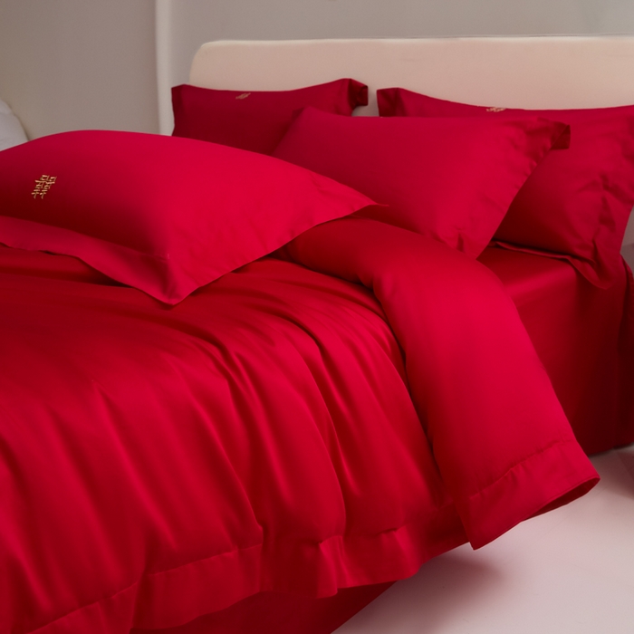 91家纺网 家纺一手货源 找家纺 （总）秀色家纺 2025新款高档100支新疆长绒棉婚庆四件套纯棉喜被全棉大红色结婚床单被套-囍