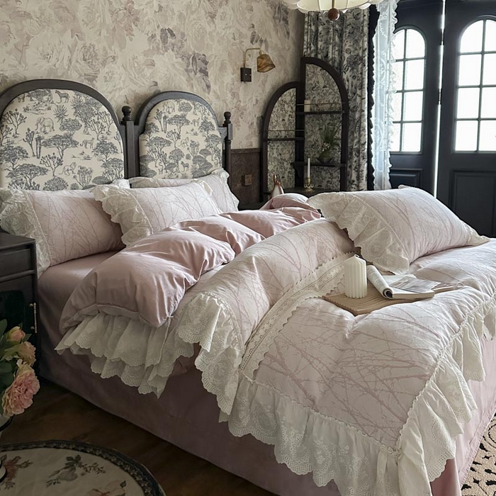 91家纺网 家纺一手货源 找家纺 亲亲公主 2025新款棉麻棉麻提花四件套 秘意-粉色