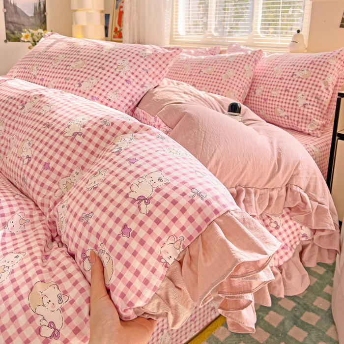 91家纺网 家纺一手货源 找家纺 纽缦家纺 2025新款云感提花双层纱韩版四件套 猫猫晚宴