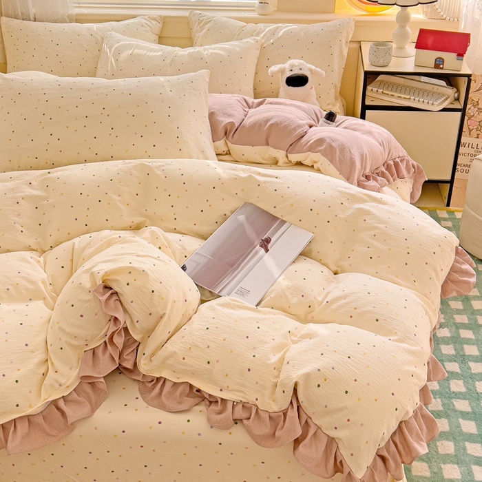 91家纺网 家纺一手货源 找家纺 纽缦家纺 2025新款云感提花双层纱韩版四件套 波点世界