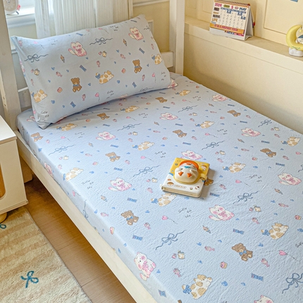 纽缦家纺 2025新款云感提花双层纱学生床笠 小猫时光蓝