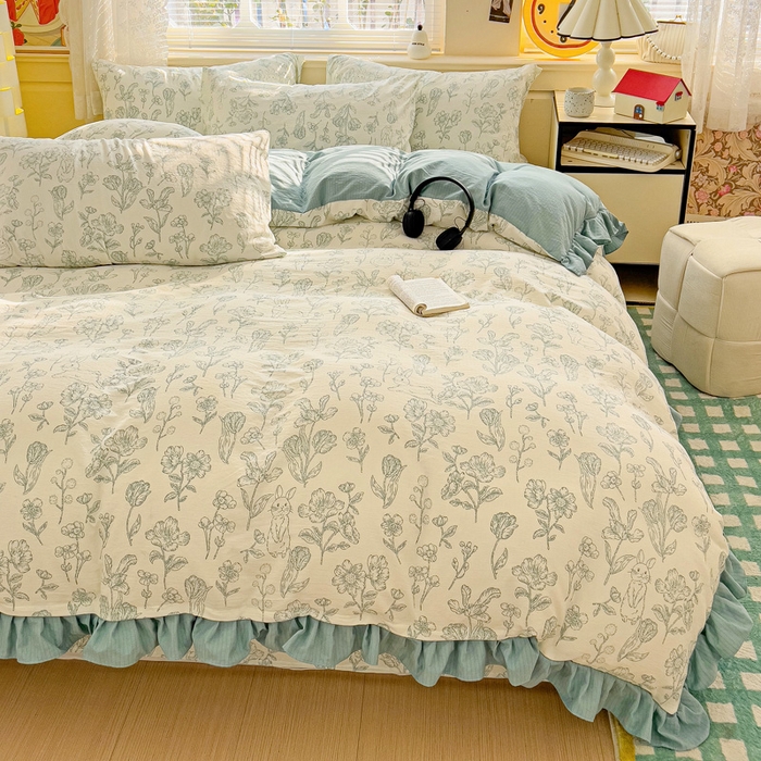 91家纺网 家纺一手货源 找家纺 纽缦家纺 2025新款云感提花双层纱韩版四件套 海像森林