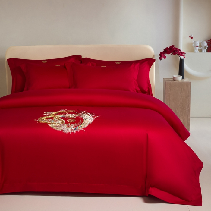 91家纺网 家纺一手货源 找家纺 （总）秀色家纺 2025新款高档100支新疆长绒棉婚庆四件套纯棉喜被全棉大红色结婚床单被套-龙凤呈祥