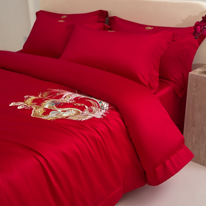91家纺网 家纺一手货源 找家纺 （总）秀色家纺 2025新款高档100支新疆长绒棉婚庆四件套纯棉喜被全棉大红色结婚床单被套-龙凤呈祥