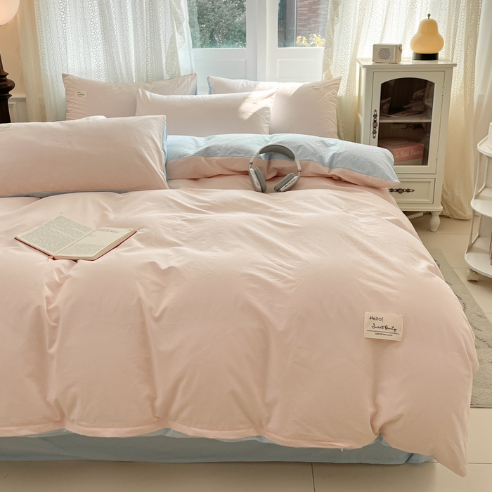 91家纺网 家纺一手货源 找家纺 寐居家纺 2025新款色织水洗棉套件 奶油玉+星空蓝