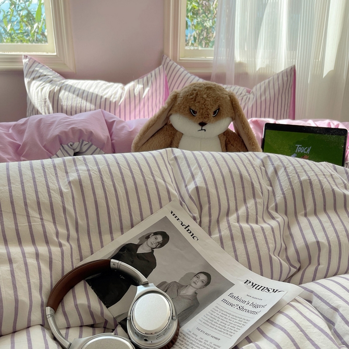 91家纺网 家纺一手货源 找家纺 雅居纺家纺 2025全棉色织水洗棉四件套 竖条紫