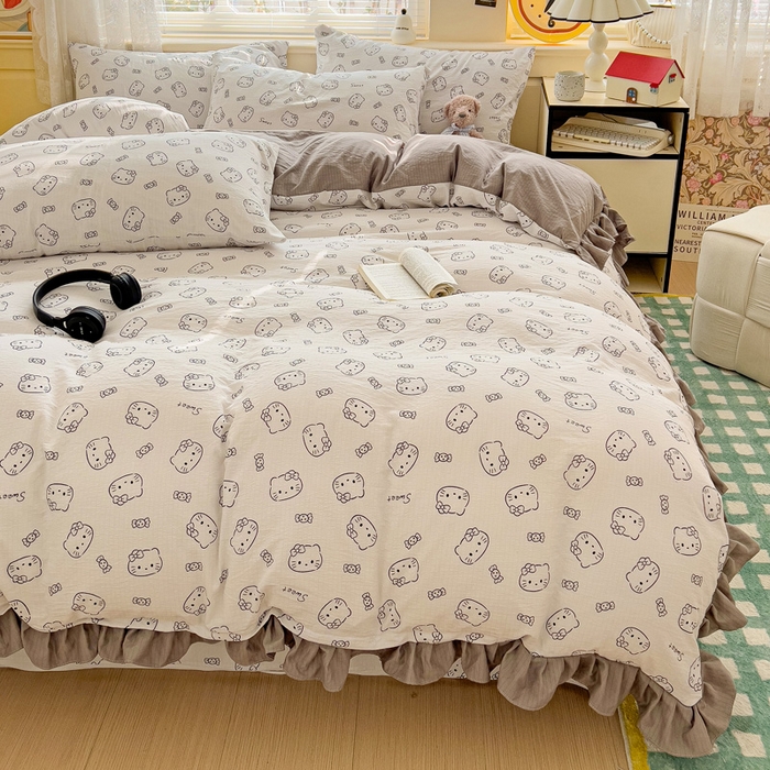 91家纺网 家纺一手货源 找家纺 纽缦家纺 2025新款云感提花双层纱韩版四件套 猫咪恋人