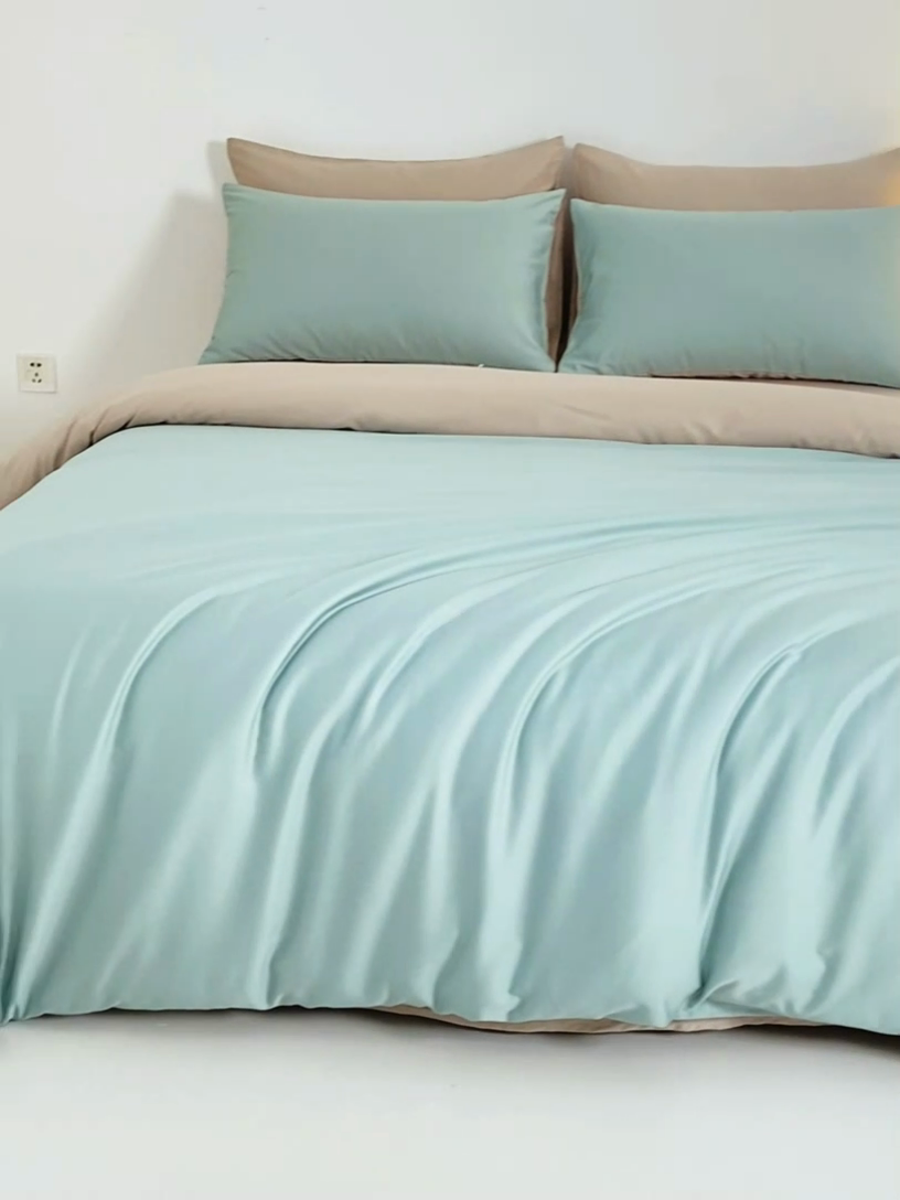 91家纺网 家纺一手货源 找家纺 沃尔居 2025新款全棉长绒棉四件套纯色贡缎纯棉被套床笠款三件套 薄荷绿+奶咖