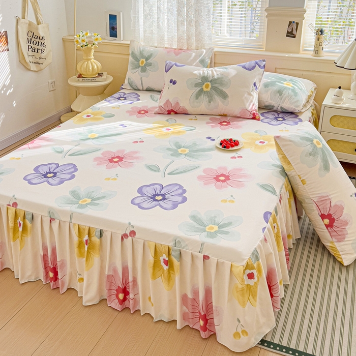 91家纺网 家纺一手货源 找家纺 极梦家纺（支持定制）  2025新款春秋130克加厚植物羊绒磨毛印花单床裙三件套 浅尝春色