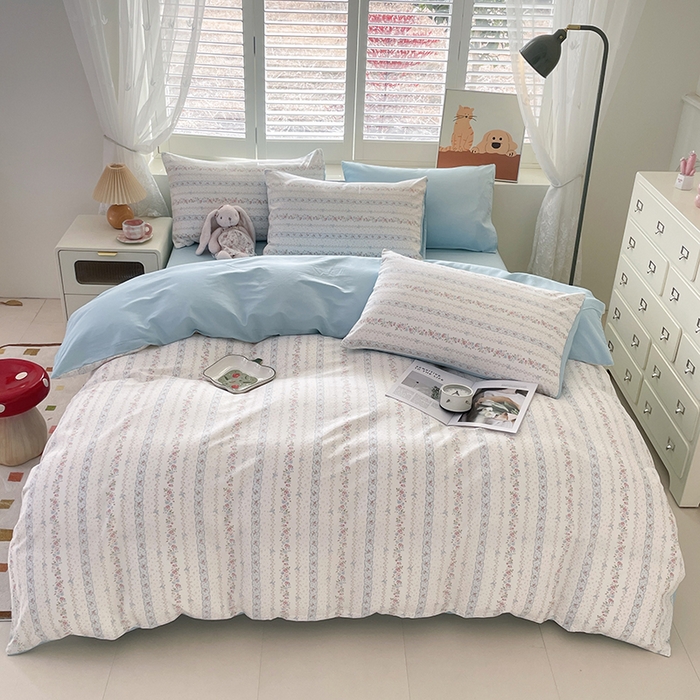 91家纺网 家纺一手货源 找家纺 丫丫家纺  2025新款13070全棉喷气小清新印花单品套件系列-四件套 水苏花条纹