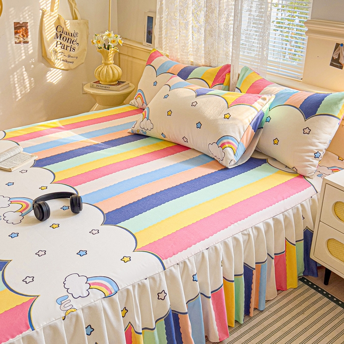 91家纺网 家纺一手货源 找家纺 极梦家纺（支持定制）  2025新款春秋130克加厚植物羊绒磨毛印花单床裙三件套 彩虹桥