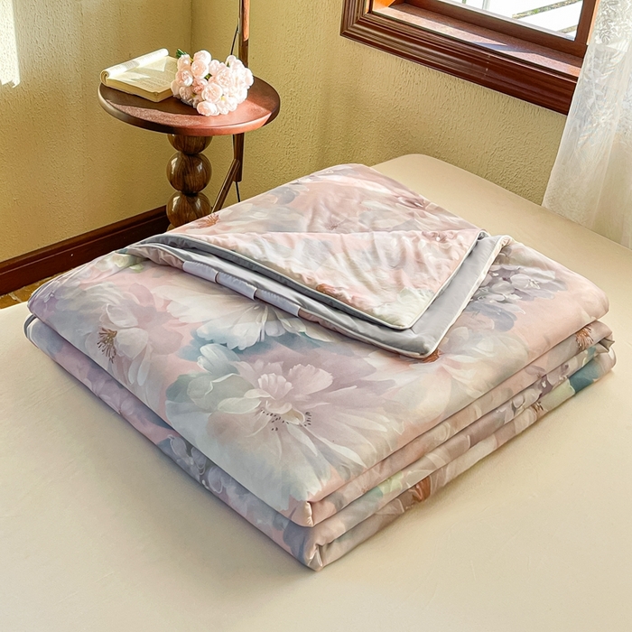 91家纺网 家纺一手货源 找家纺 小禹仔 2025新款针织凉感丝印花夏被夏凉被 花满丛咖