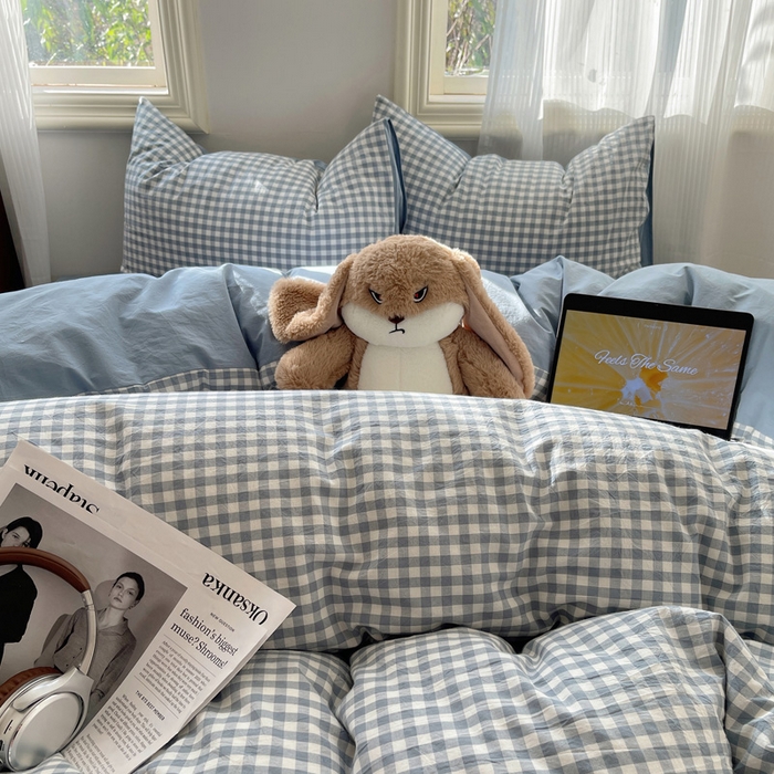 91家纺网 家纺一手货源 找家纺 雅居纺家纺 2025全棉色织水洗棉四件套 蓝小格