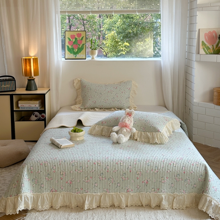 91家纺网 家纺一手货源 找家纺 金丝鸟 2025全棉镂空白色花边款韩式床盖 夏满