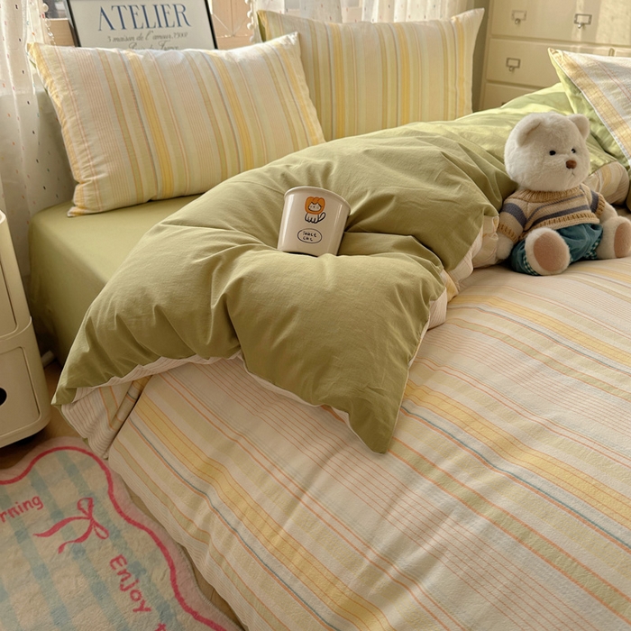 91家纺网 家纺一手货源 找家纺 雅居纺家纺 2025全棉色织水洗棉四件套 麦田绿