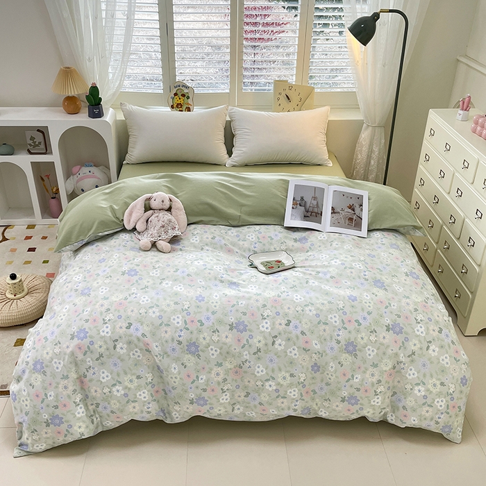 91家纺网 家纺一手货源 找家纺 丫丫家纺  2025新款13070全棉喷气小清新印花单品套件系列-四件套 绿意盎然