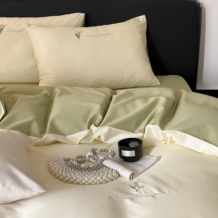 91家纺网 家纺一手货源 找家纺 Mr.pig猪先生水洗棉 2025新款天丝棉绣花郁金香系列四件套 郁金香-水竹绿