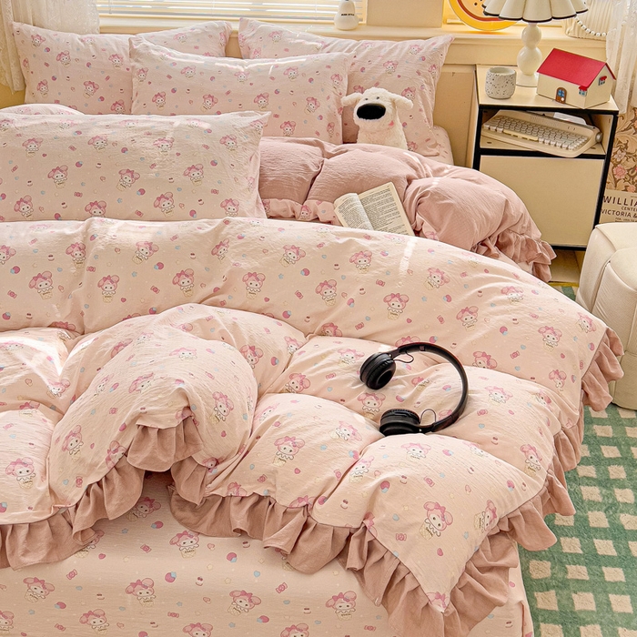 91家纺网 家纺一手货源 找家纺 纽缦家纺 2025新款云感提花双层纱韩版四件套 小鸥鸥