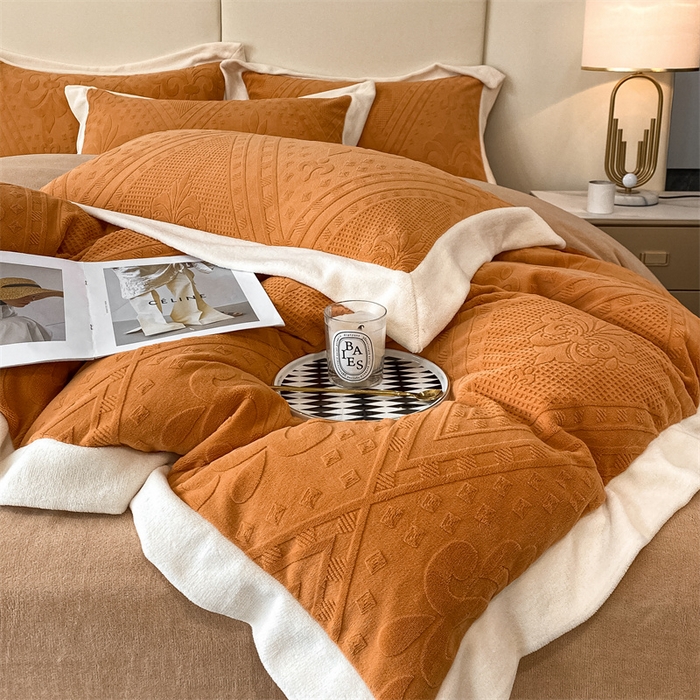 91家纺网 家纺一手货源 找家纺 金喜 2025新款高品质牛奶绒拼角四件套 南法假日-枫糖