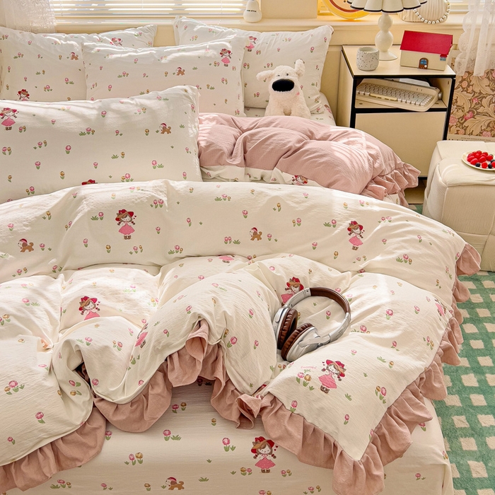 91家纺网 家纺一手货源 找家纺 纽缦家纺 2025新款云感提花双层纱韩版四件套 蜜糖之恋