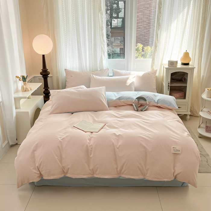 91家纺网 家纺一手货源 找家纺 寐居家纺 2025新款色织水洗棉套件 奶油玉+星空蓝