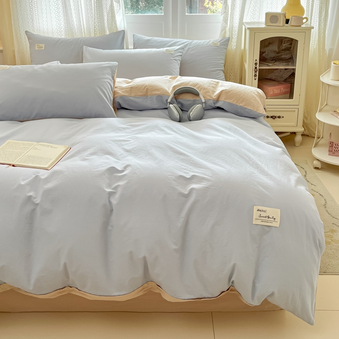 91家纺网 家纺一手货源 找家纺 寐居家纺 2025新款色织水洗棉套件 星空蓝+米金