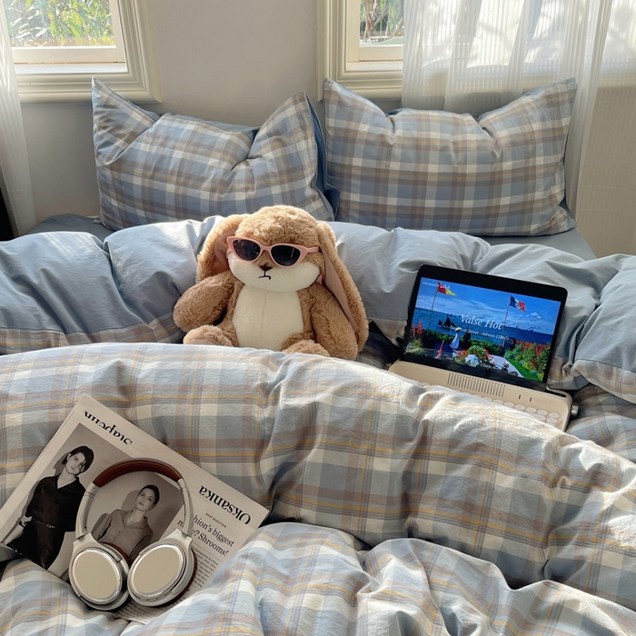 91家纺网 家纺一手货源 找家纺 雅居纺家纺 2025全棉色织水洗棉四件套 蓝调格