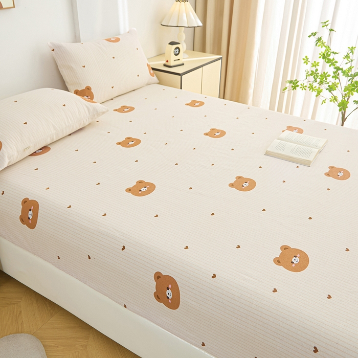 91家纺网 家纺一手货源 找家纺 棉乐町家居  2025新款原棉粗布床笠 笑脸熊