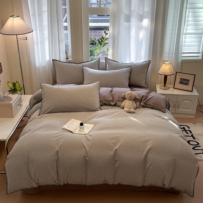 91家纺网 家纺一手货源 找家纺 蓝邻家纺 2025年新款全棉水洗棉贝壳边四件套系列 佐伊灰