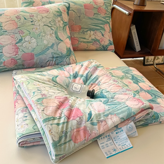 91家纺网 家纺一手货源 找家纺 小禹仔 2025新款针织凉感丝印花夏被夏凉被 郁情粉