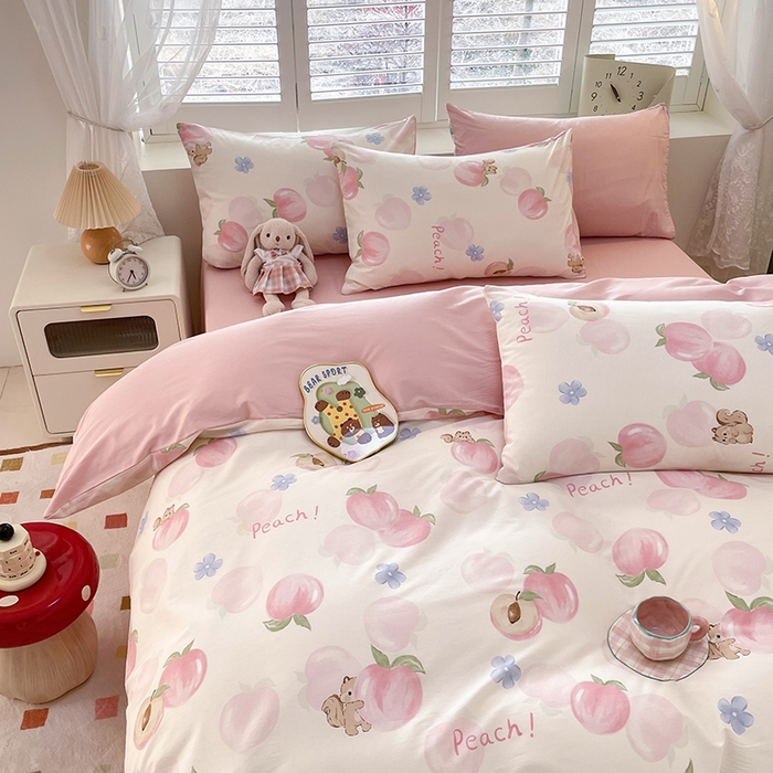 91家纺网 家纺一手货源 找家纺 丫丫家纺  2025新款13070全棉喷气小清新印花单品套件系列-四件套 蜜桃松鼠