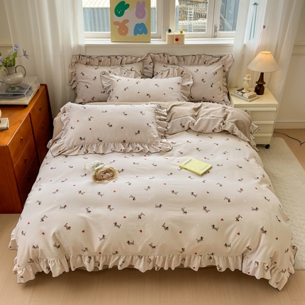 寐居家纺 2025新款韩版舒柔绵四件套 花边款-爱心狗