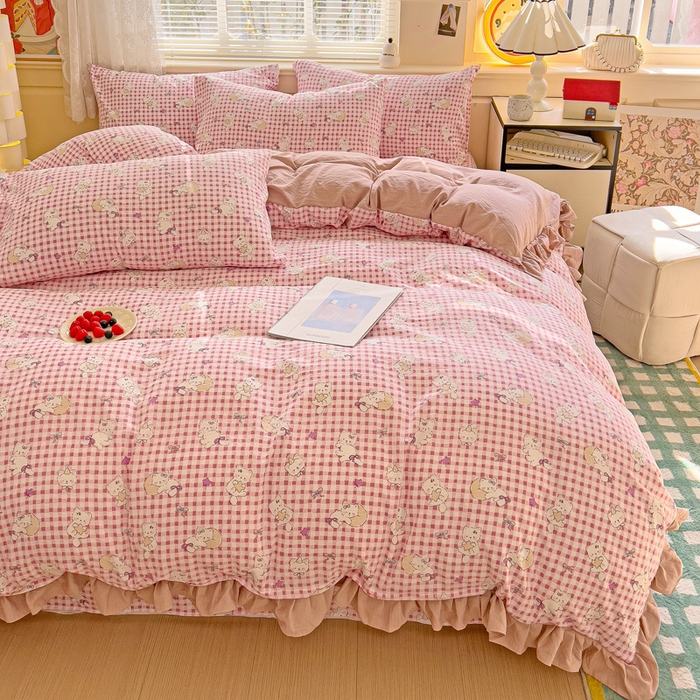 91家纺网 家纺一手货源 找家纺 纽缦家纺 2025新款云感提花双层纱韩版四件套 猫猫晚宴