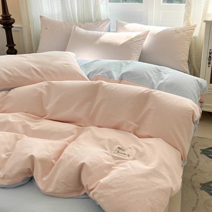 91家纺网 家纺一手货源 找家纺 寐居家纺 2025新款色织水洗棉套件 奶油玉+星空蓝