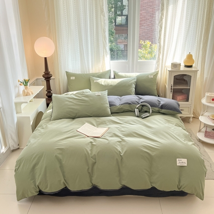 寐居家纺 2025新款色织水洗棉套件 橄榄绿+深灰