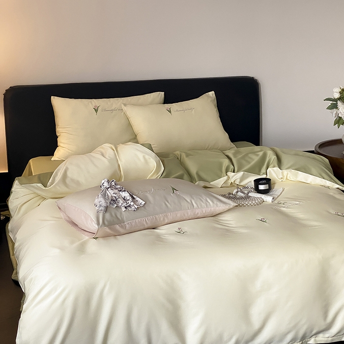 91家纺网 家纺一手货源 找家纺 Mr.pig猪先生水洗棉 2025新款天丝棉绣花郁金香系列四件套 郁金香-水竹绿