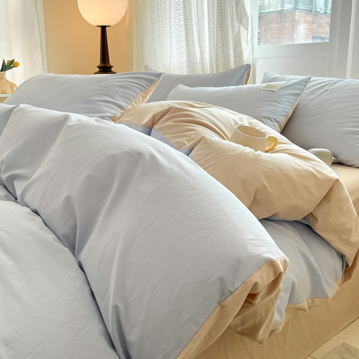 91家纺网 家纺一手货源 找家纺 寐居家纺 2025新款色织水洗棉套件 星空蓝+米金