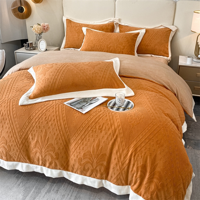 91家纺网 家纺一手货源 找家纺 金喜 2025新款高品质牛奶绒拼角四件套 南法假日-枫糖