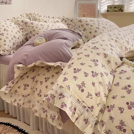 麦朵家居 2025新款13372花边全棉长绒棉床裙款四件套双层纱全棉水洗棉套件--繁花系列 繁花-紫-