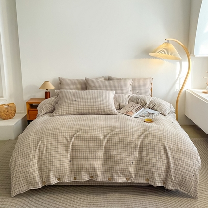 91家纺网 家纺一手货源 找家纺 库里梦 无印条纹简约格子色织双层纱木棉四件套 卡其-格