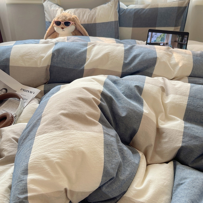 91家纺网 家纺一手货源 找家纺 雅居纺家纺 2025全棉色织水洗棉四件套 蓝大格