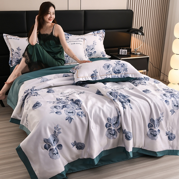91家纺网 家纺一手货源 找家纺 千嘻汇2025新款水洗天丝真丝夏被四件套夏凉被空调被 花韵