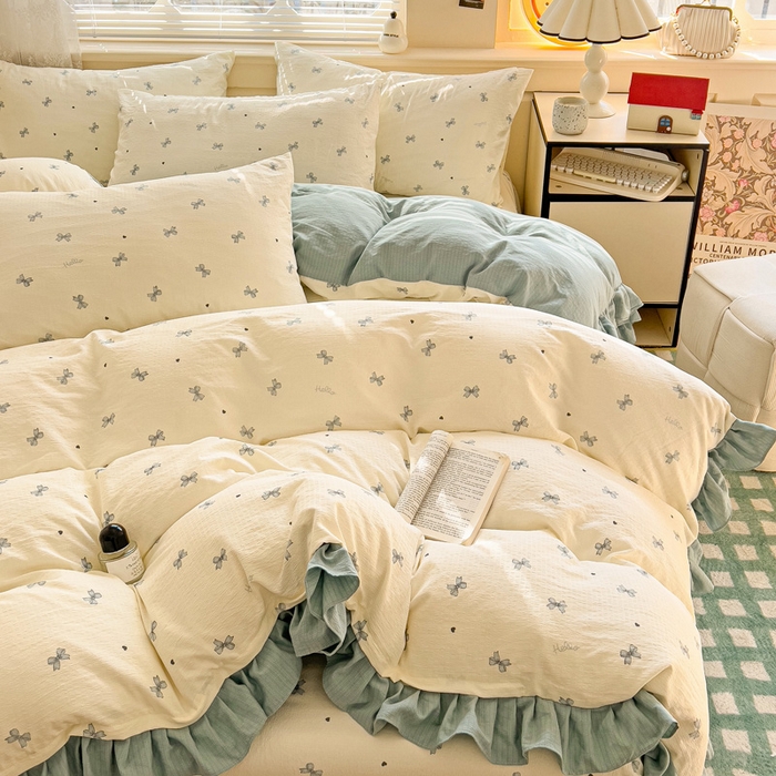 91家纺网 家纺一手货源 找家纺 纽缦家纺 2025新款云感提花双层纱韩版四件套 相思蓝