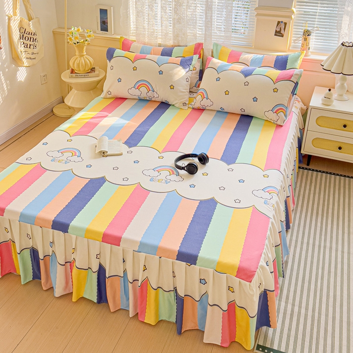 91家纺网 家纺一手货源 找家纺 极梦家纺（支持定制）  2025新款春秋130克加厚植物羊绒磨毛印花单床裙三件套 彩虹桥