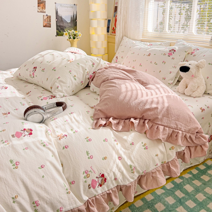 91家纺网 家纺一手货源 找家纺 纽缦家纺 2025新款云感提花双层纱韩版四件套 蜜糖之恋