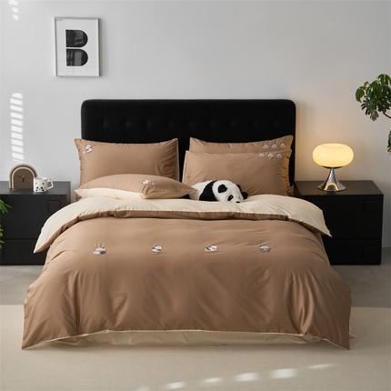 91家纺网 家纺一手货源 找家纺 鼎飞家纺 2025新款全棉纯色双拼套件 焦糖奶白