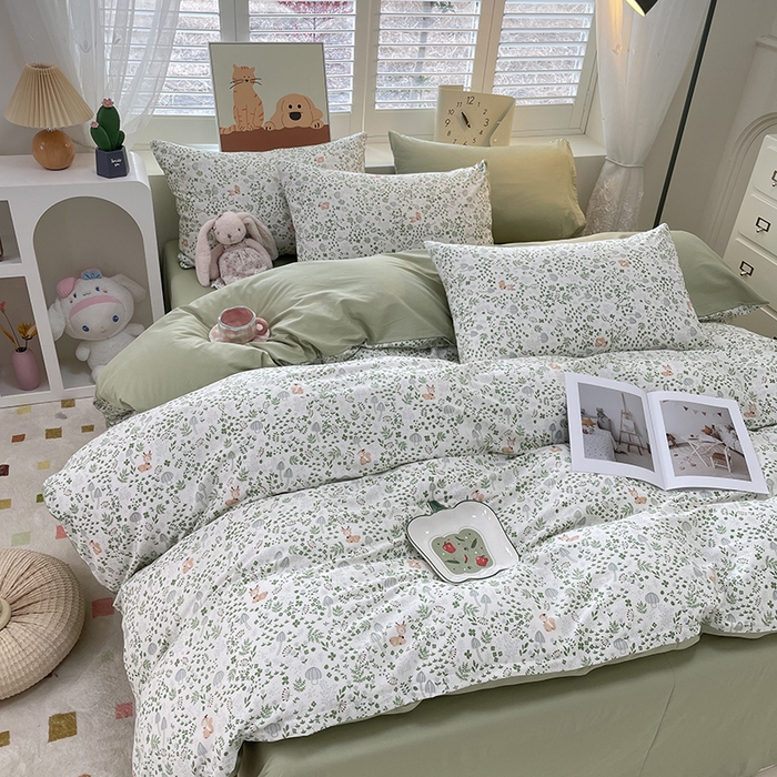 91家纺网 家纺一手货源 找家纺 丫丫家纺  2025新款13070全棉喷气小清新印花单品套件系列-四件套 松鼠小鹿